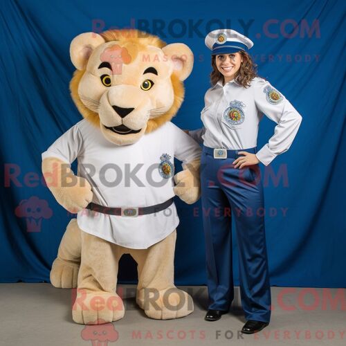 Costume De Mascotte Redbrokoly De Lion Tamer De La Marine Personnage Habillé Avec Un Jean De Maman Et Des Ceintures