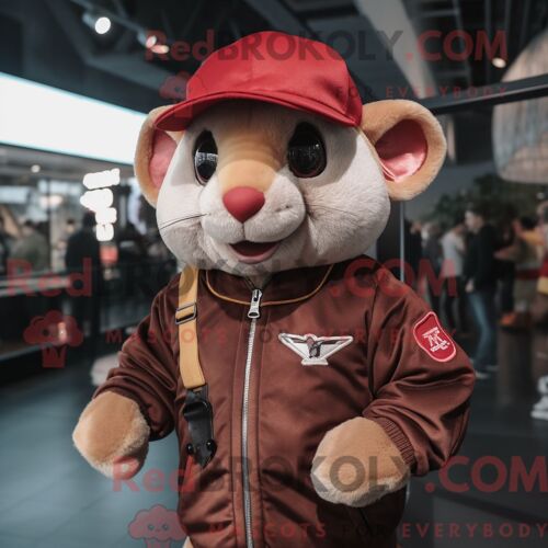 Costume De Mascotte Redbrokoly De Loir Marron Personnage Habillé Avec Un Blouson Aviateur Et Des Casquettes