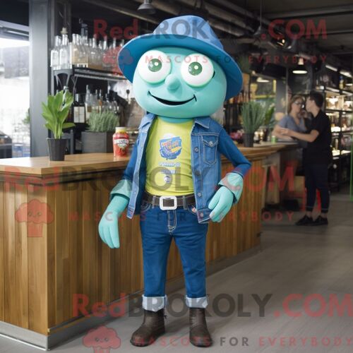 Costume Mascotte Redbrokoly De Bière Verte Turquoise Personnage Habillé Avec Un Short En Jean Et Des Bérets