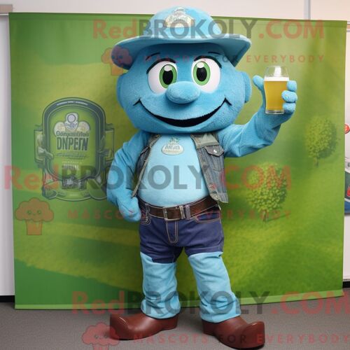 Costume Mascotte Redbrokoly De Bière Verte Turquoise Personnage Habillé Avec Un Short En Jean Et Des Bérets