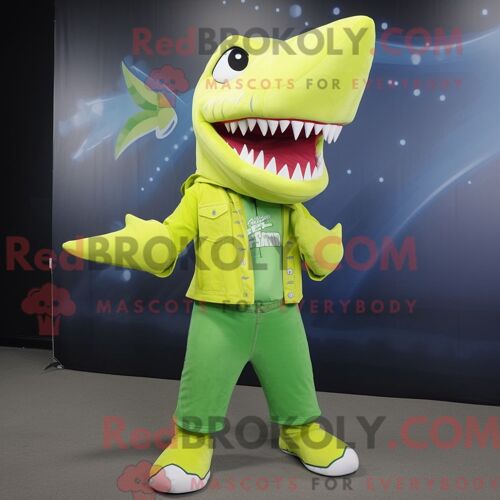 Costume De Mascotte Redbrokoly De Requin Vert Citron Personnage Habillé Avec Un Jean Évasé Et Des Lacets De Chaussures