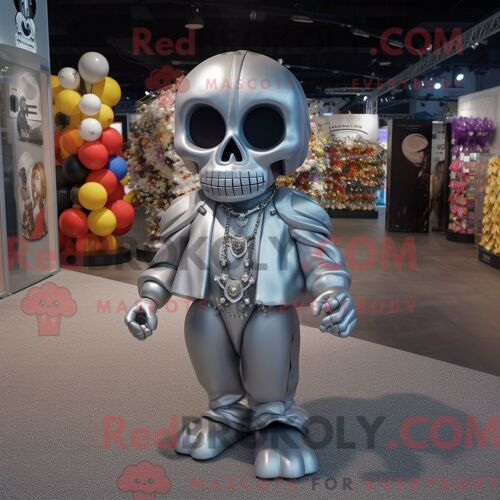 Costume Mascotte Redbrokoly De Crâne D Argent Habillé D Une Robe De Soirée Et De Porte-Clés