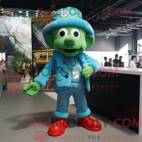 Costume Mascotte Redbrokoly De Bière Verte Turquoise Personnage Habillé Avec Un Short En Jean Et Des Bérets