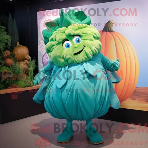 Costume Mascotte Redbrokoly De Chou Turquoise Habillé D Une Robe De Cocktail Et De Lacets De Chaussures