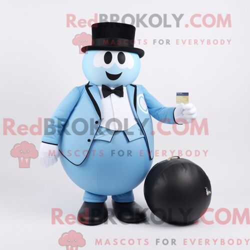 Costume Mascotte Redbrokoly De Boule De Pétanque Bleu Ciel Personnage Habillé D Un Smoking Et De Pochettes