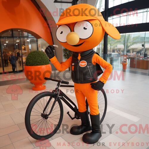 Costume De Mascotte Redbrokoly De Monocycliste Orange Habillé D Une Veste En Cuir Et De Sacs À Main
