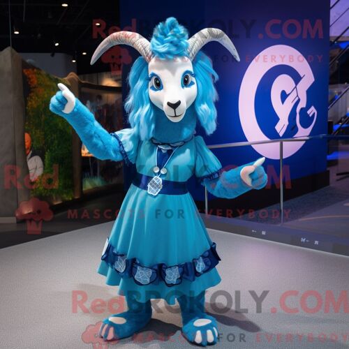 Costume De Mascotte Redbrokoly De Chèvre Bleue Habillé Avec Une Jupe Trapèze Et Des Épingles À Cheveux