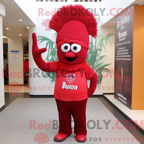 Costume De Mascotte Redbrokoly De Biryani Rouge Personnage Habillé Avec Un Jean Skinny Et Des Chapeaux