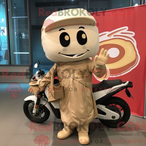 Personnage Mascotte Redbrokoly De Ramen Beige Habillé D Une Veste De Moto Et De Sacs Fourre-Tout