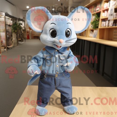 Costume Mascotte Redbrokoly De Loir Bleu Personnage Habillé D Une Chemise En Jean Et De Pinces À Cheveux