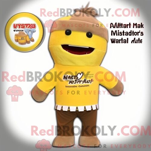 Personnage De Costume De Mascotte Redbrokoly De Bouteille De Moutarde Beige Habillé Avec Un T-Shirt À Col En V Et Des Bandeaux