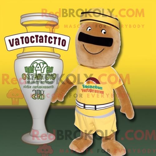 Personnage De Costume De Mascotte Redbrokoly De Bouteille De Moutarde Beige Habillé Avec Un T-Shirt À Col En V Et Des Bandeaux