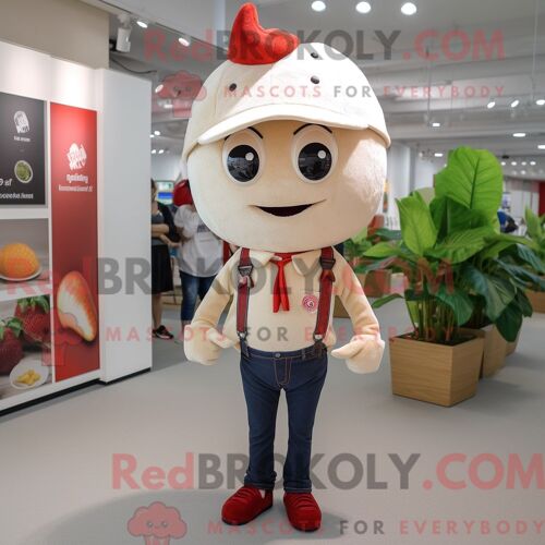 Costume Mascotte Redbrokoly De Fraise Beige Habillé D Un Jean Skinny Et De Porte-Clés