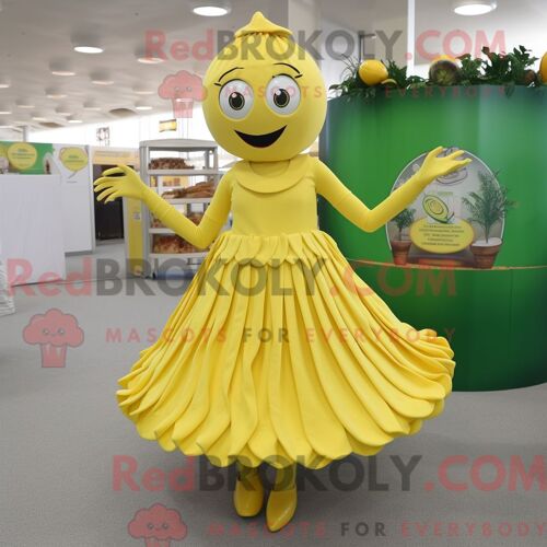 Personnage De Costume De Mascotte Redbrokoly De Pâtes Au Pesto Jaune Citron Habillé Avec Une Jupe Et Des Anneaux