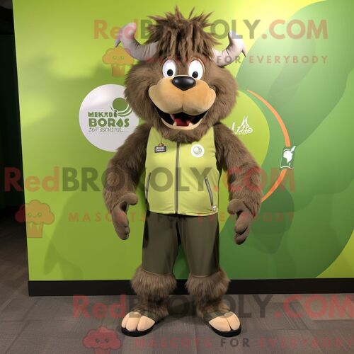 Costume Mascotte Redbrokoly De Bison Olive Personnage Habillé Avec Un Pantalon De Jogging Et Des Épingles À Cheveux