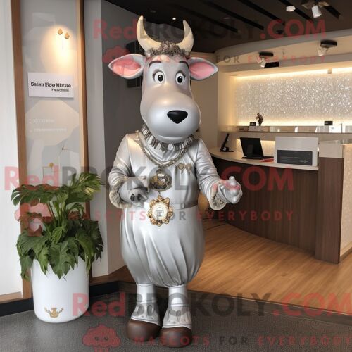Costume Mascotte Redbrokoly De Vache En Jersey Argenté Personnage Habillé Avec Une Jupe-Culotte Et Des Ceintures