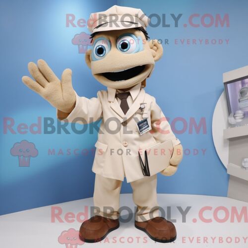 Mascotte Redbrokoly De Docteur Beige Personnage Habillé Avec Un Pantalon Chino Et Des Gants