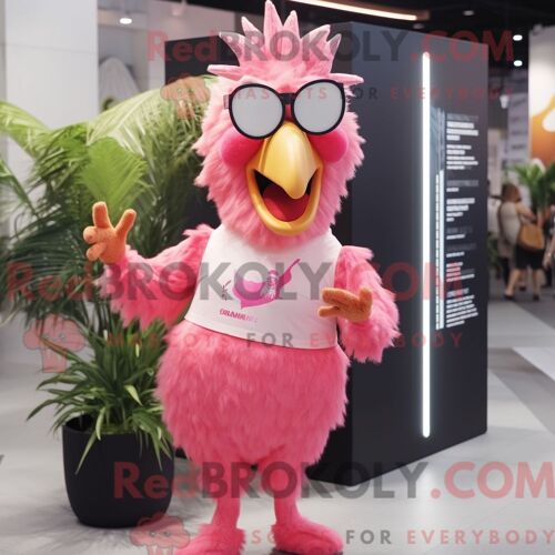 Costume Mascotte Redbrokoly De Coq Rose Habillé D Une Combinaison Et De Lunettes De Soleil