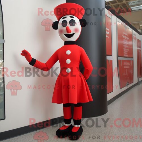Costume Mascotte Redbrokoly De Mime Rouge Personnage Habillé D Une Robe Fourreau Et De Pinces À Chaussures