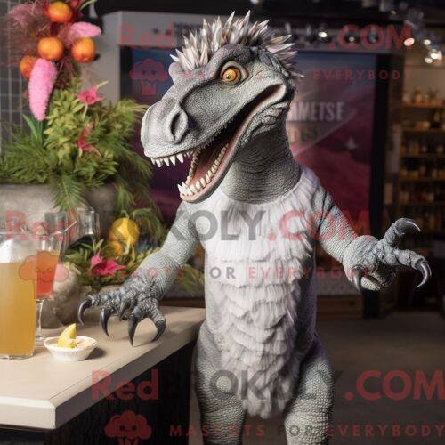 Costume Mascotte Redbrokoly De Spinosaure Argenté Personnage Habillé Avec Une Robe De Cocktail Et Des Mitaines