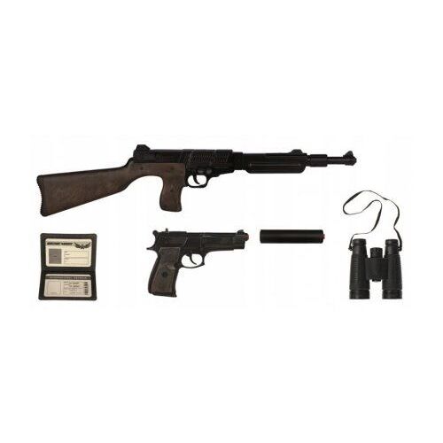 Coffret Espion Agent Secret (fusil, pistolet, silencieux, jumelles, carte) - Metal et Plastique - Amorces 8 coups non fournies - Jeu de role Enfant