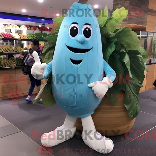 Costume Mascotte Redbrokoly De Betterave Bleu Ciel Habillé D Un Cardigan Et De Lacets De Chaussures