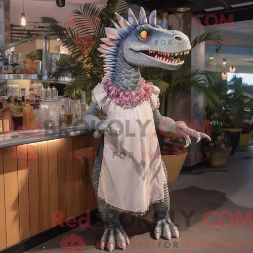 Costume Mascotte Redbrokoly De Spinosaure Argenté Personnage Habillé Avec Une Robe De Cocktail Et Des Mitaines