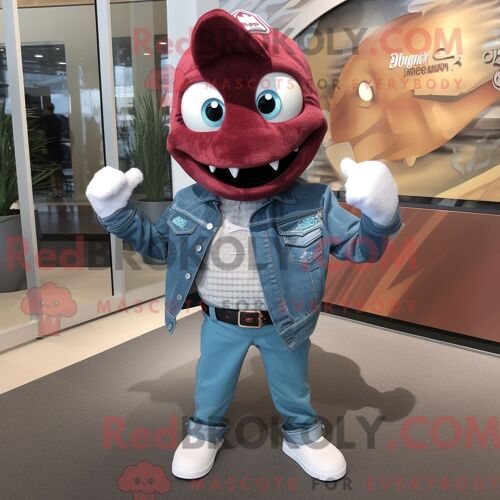 Costume De Mascotte Redbrokoly De Barracuda Marron Habillé Avec Une Chemise En Jean Et Des Bagues