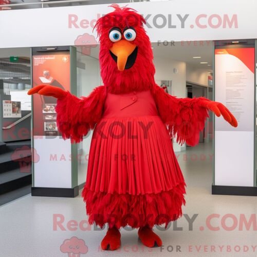 Personnage De Costume De Mascotte Redbrokoly De Marcheur Sur Échasses Rouge Habillé Avec Une Jupe Plissée Et Des Mitaines
