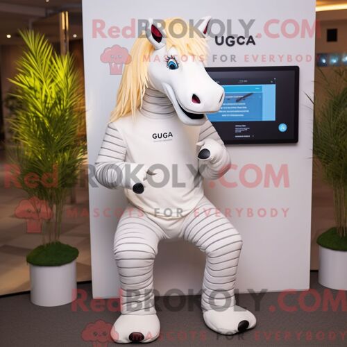Costume Mascotte Redbrokoly De Quagga Blanc Habillé D Un Legging Et De Montres Numériques