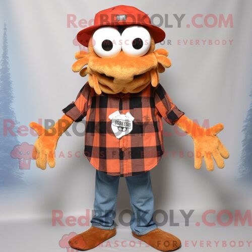Personnage De Costume De Mascotte Redbrokoly Rust Crab Cakes Habillé Avec Une Chemise En Flanelle Et Des Épingles À Chapeau