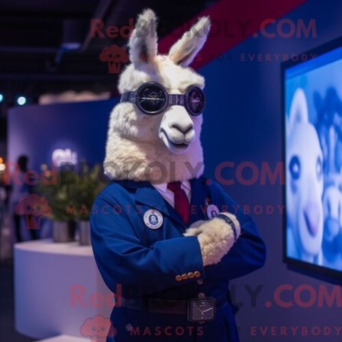 Costume Mascotte Redbrokoly De Lama Bleu Marine Personnage Habillé D Un Blazer Et De Montres Connectées