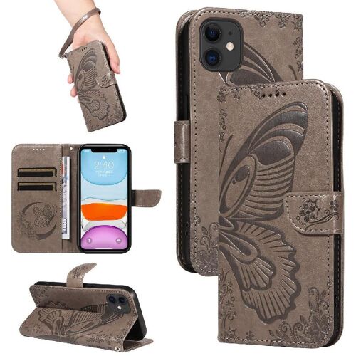 Flip Étui Pour Iphone 12 Mini Papillon En Relief Cuir De Haute Qualité Sangle De Main Détachable Avec Fente Pour Carte De Crédit - Gris