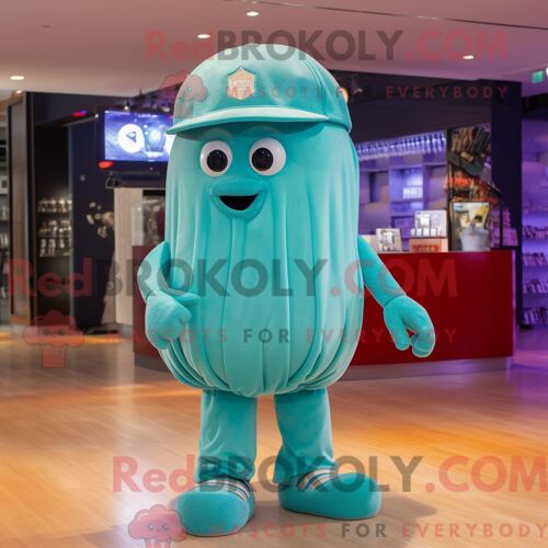 Costume Mascotte Redbrokoly De Méduse Turquoise Personnage Habillé Avec Un Short Et Une Casquette
