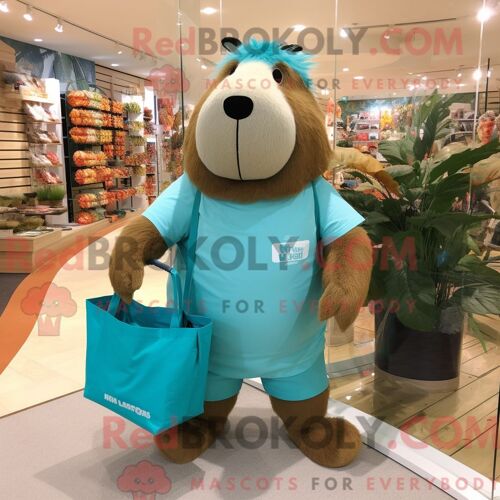 Costume Mascotte Redbrokoly De Capybara Turquoise Personnage Habillé D Un Short Cargo Et De Sacs Fourre-Tout