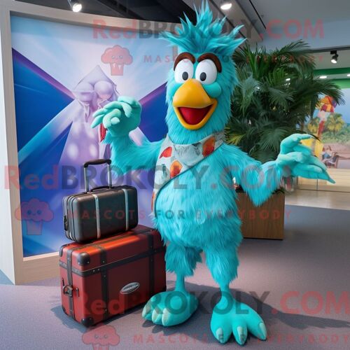 Costume Mascotte Redbrokoly De Coq Turquoise Habillé D Un Bikini Et De Porte-Documents
