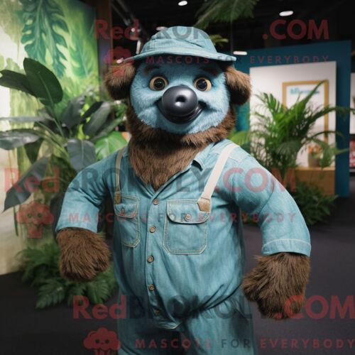 Costume De Mascotte Redbrokoly De Paresseux Géant Vert Forêt Habillé Avec Une Chemise En Jean Et Des Chapeaux