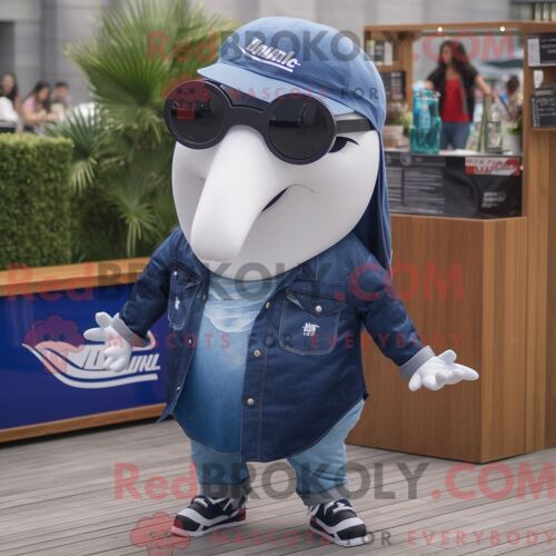 Personnage Mascotte Redbrokoly De Baleine À Bosse Habillé Avec Un Jean Boyfriend Et Des Lunettes De Soleil