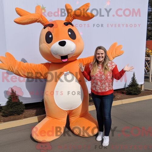 Costume De Mascotte Redbrokoly De Renne Pêche Personnage Habillé Avec Un Jean Maman Et Des Mitaines