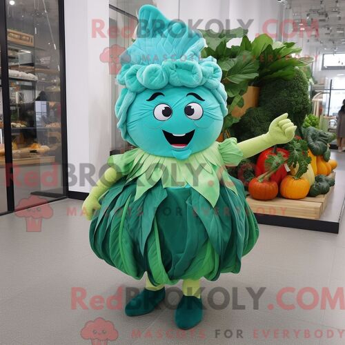 Costume Mascotte Redbrokoly De Chou Turquoise Habillé D Une Robe De Cocktail Et De Lacets De Chaussures