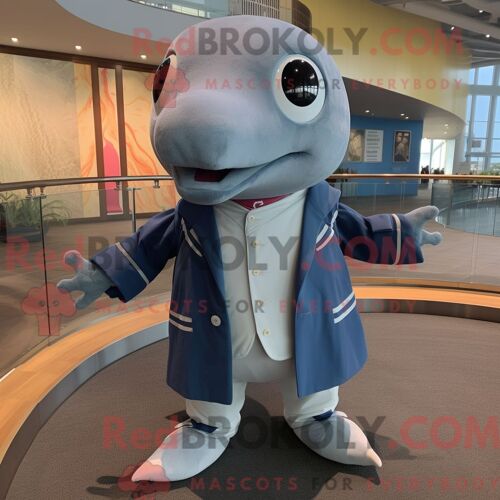 Costume De Mascotte Redbrokoly De Baleine Bleue Grise Personnage Habillé D Une Veste Et D Anneaux