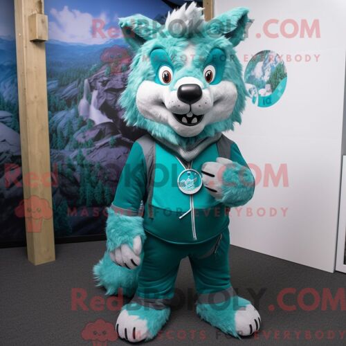 Costume De Mascotte Redbrokoly Turquoise Say Wolf Habillé Avec Un Col Roulé Et Des Bracelets De Cheville
