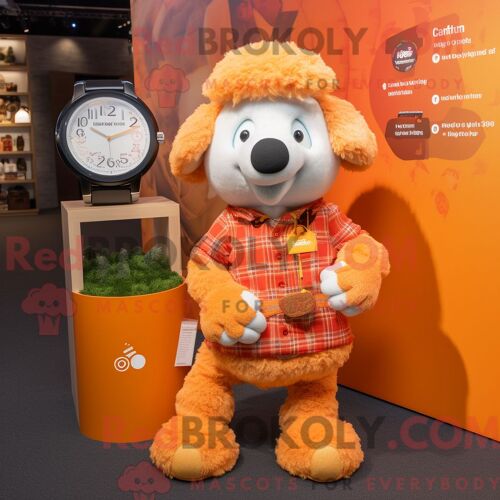 Costume De Mascotte Redbrokoly De Mouton Orange Habillé D Une Chemise En Flanelle Et De Montres Intelligentes