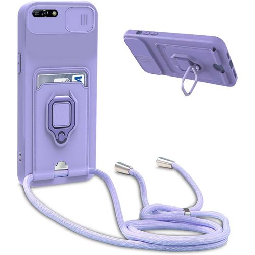 Coque Compatible Avec Huawei Y6 2018 / Honor 7a,Collier Pour Étui Colliers De Cellulaire Réglable Lanyard Silicone Case,Protection Caméra,Support Annulaire,Fentes Pour Cartes,Violet
