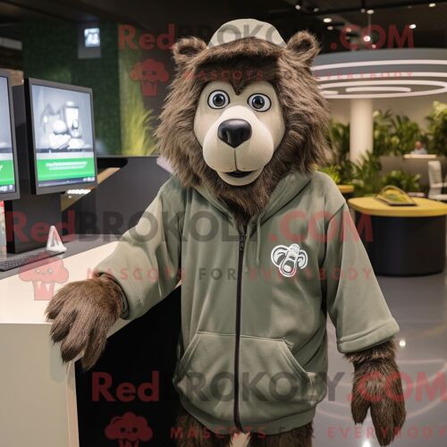 Costume Mascotte Redbrokoly De Babouin Olive Personnage Habillé D Un Sweat Et De Boutons De Manchette