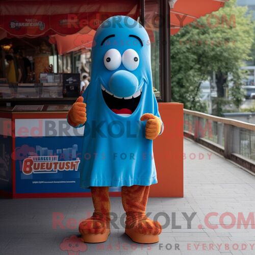 Personnage Mascotte Redbrokoly De Currywurst Bleue Habillé D Un T-Shirt Graphique Et De Bracelets