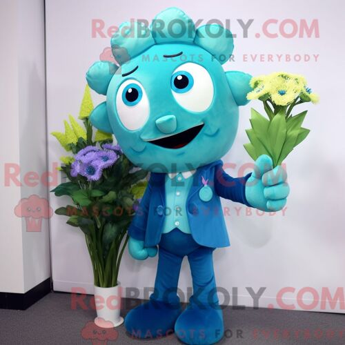 Costume Mascotte Redbrokoly De Bouquet De Fleurs Cyan Personnage Habillé D Un Manteau Et De Boutons De Manchette