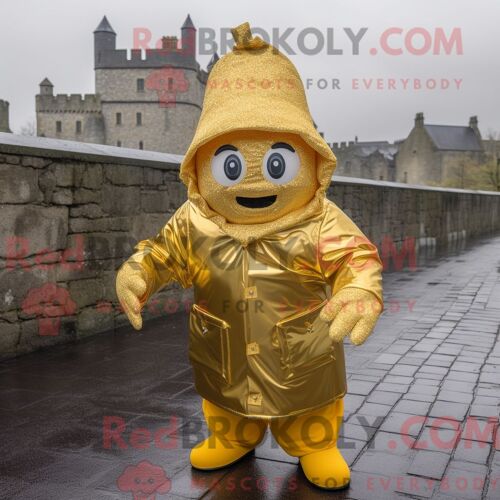 Personnage De Costume De Mascotte Redbrokoly De Château Irlandais Doré Habillé D Un Imperméable Et De Bonnets