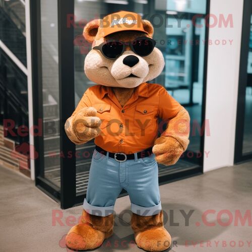 Personnage De Costume De Mascotte Redbrokoly De Dragon De Komodo Marron Habillé Avec Un Jean Bootcut Et Des Portefeuilles