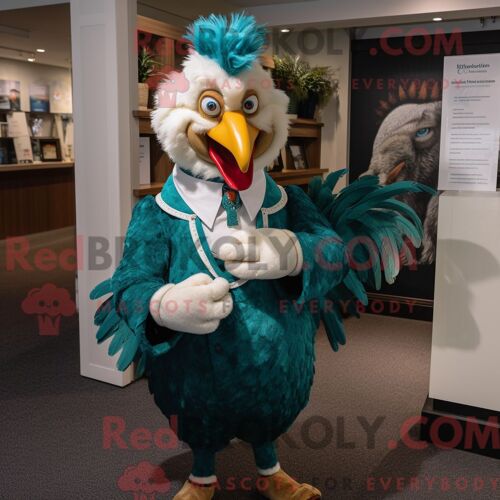 Costume Mascotte Redbrokoly De Coq Bleu Sarcelle Habillé Avec Un Gilet Et Des Gants